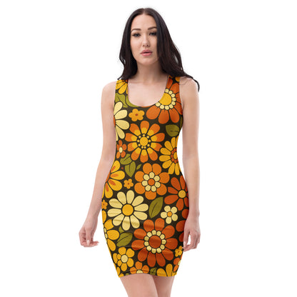 Retro 1970s groovy floral pattern dress featuring orange and mustard yellow daisies on a dark brown background.