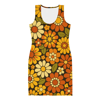 Retro 1970s groovy floral pattern dress featuring orange and mustard yellow daisies on a dark brown background.