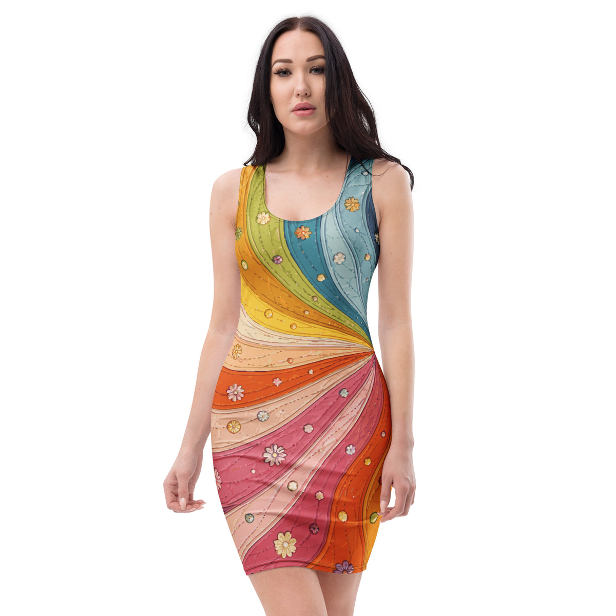 Vibrant 70s retro rainbow swirl pattern dress with colorful rays and tiny white daisy flowers.