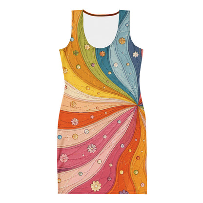 Vibrant 70s retro rainbow swirl pattern dress with colorful rays and tiny white daisy flowers.