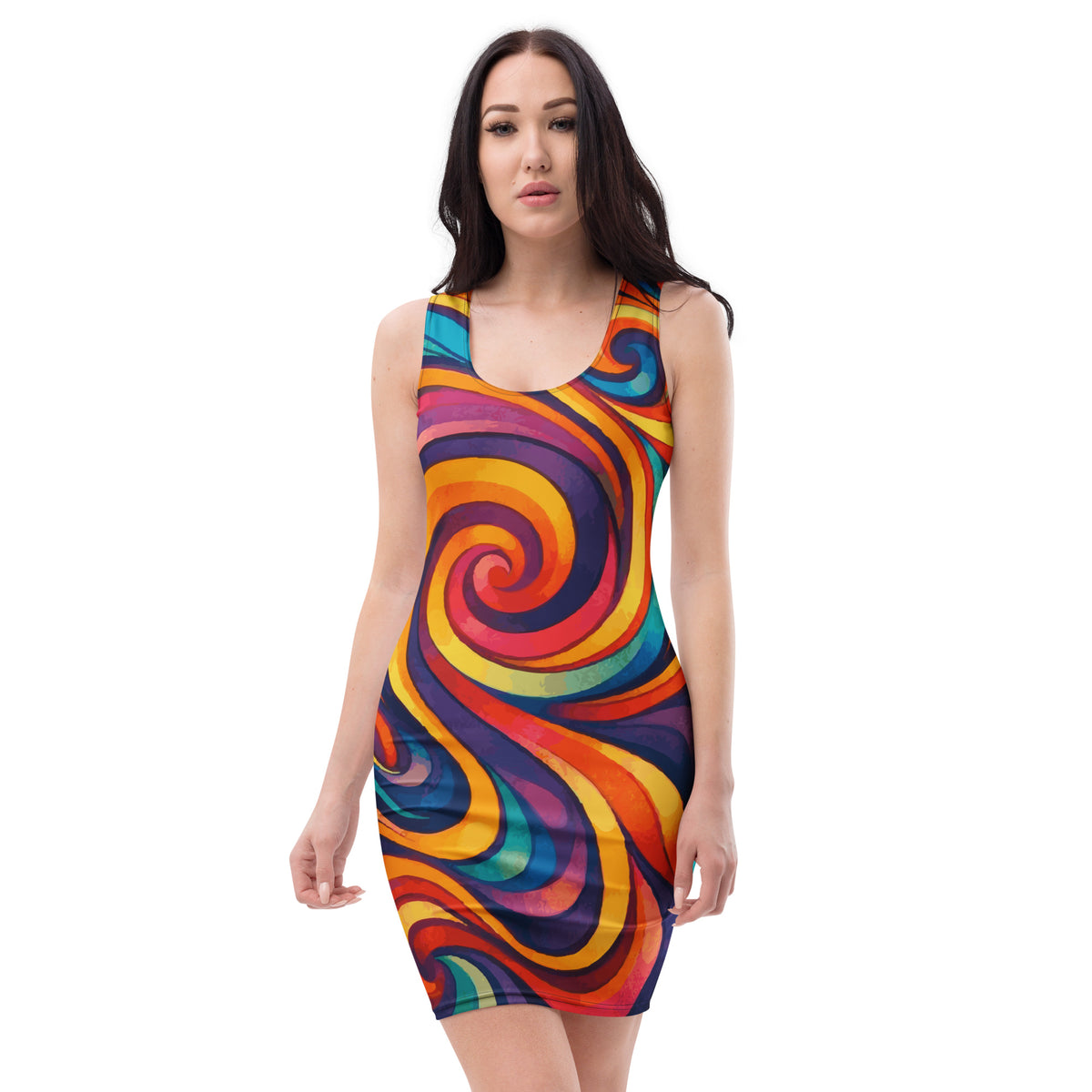 Retro psychedelic swirl dress featuring a vibrant 60s groovy pattern in bold orange, yellow, purple, and blue.