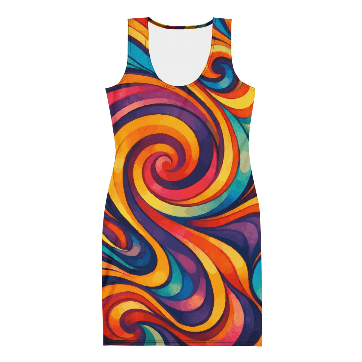 Retro psychedelic swirl dress featuring a vibrant 60s groovy pattern in bold orange, yellow, purple, and blue.