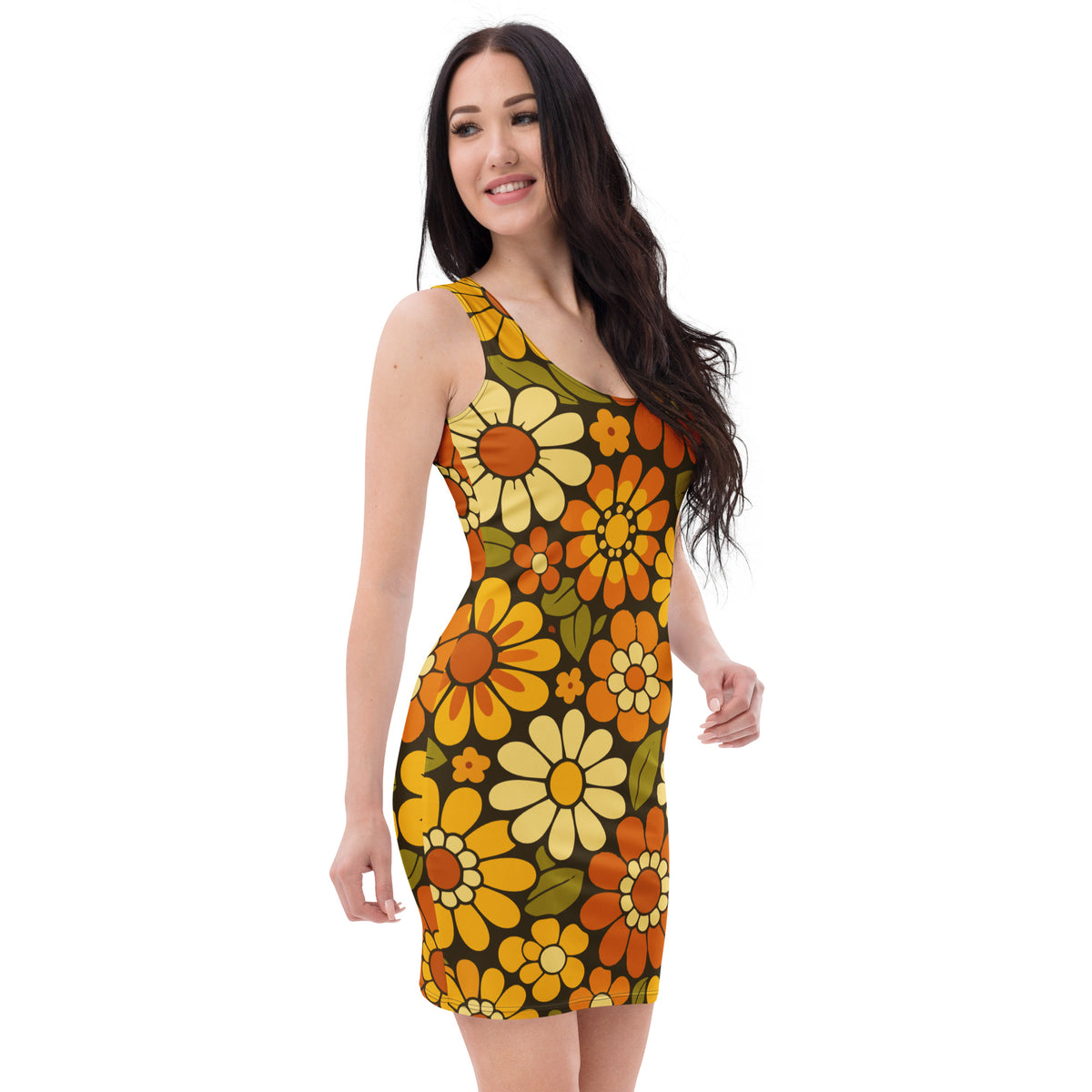Retro 1970s groovy floral pattern dress featuring orange and mustard yellow daisies on a dark brown background.