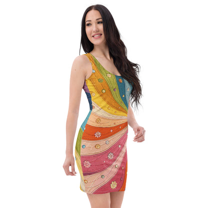 Vibrant 70s retro rainbow swirl pattern dress with colorful rays and tiny white daisy flowers.