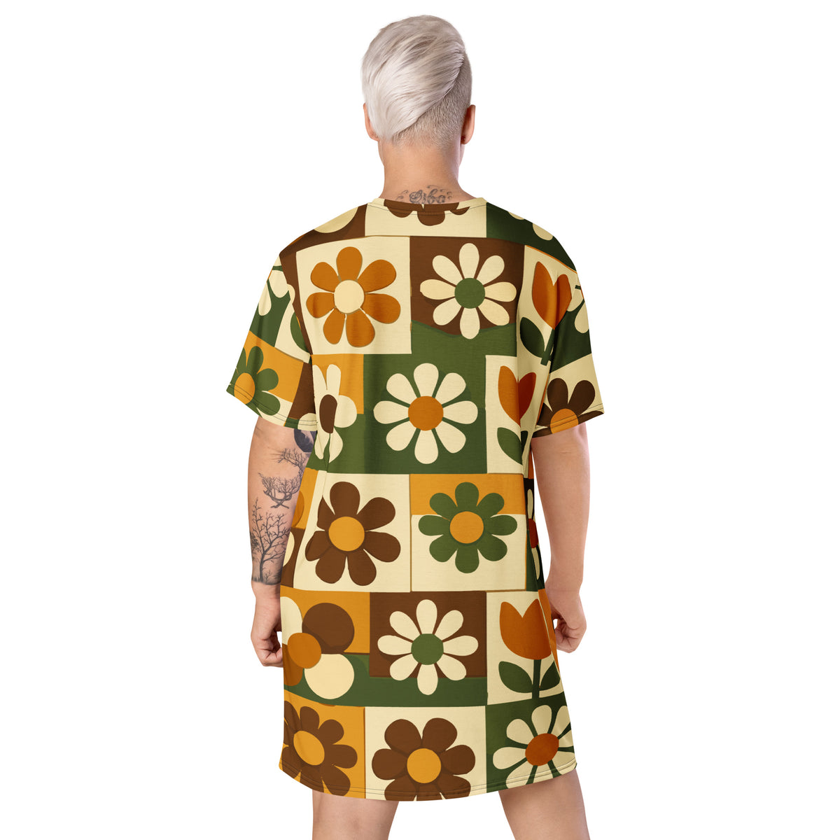 Retro 1970s mod floral tile pattern in orange, green, and brown on a casual t-shirt dress.