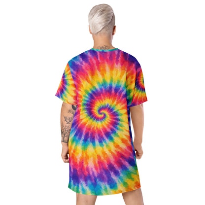 Vibrant retro rainbow tie-dye spiral pattern printed on a comfortable casual t-shirt dress.