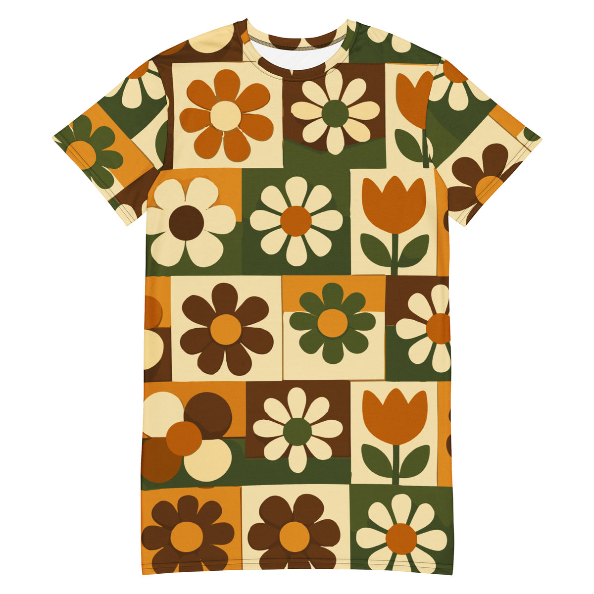 Retro 1970s mod floral tile pattern in orange, green, and brown on a casual t-shirt dress.