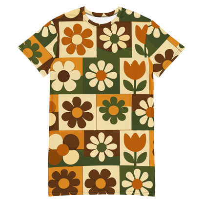 Retro 1970s mod floral tile pattern in orange, green, and brown on a casual t-shirt dress.