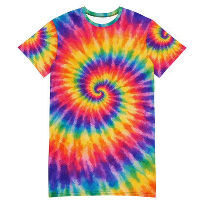 Vibrant retro rainbow tie-dye spiral pattern printed on a comfortable casual t-shirt dress.