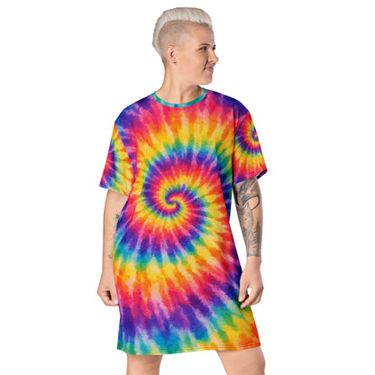 Vibrant retro rainbow tie-dye spiral pattern printed on a comfortable casual t-shirt dress.