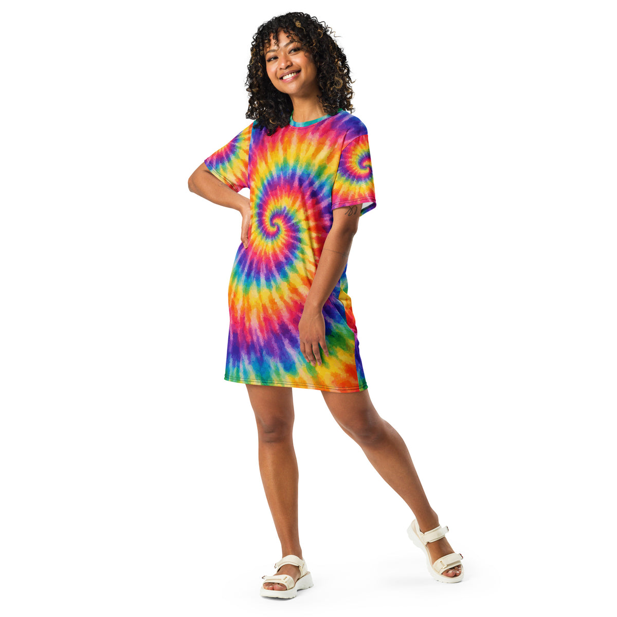Vibrant retro rainbow tie-dye spiral pattern printed on a comfortable casual t-shirt dress.