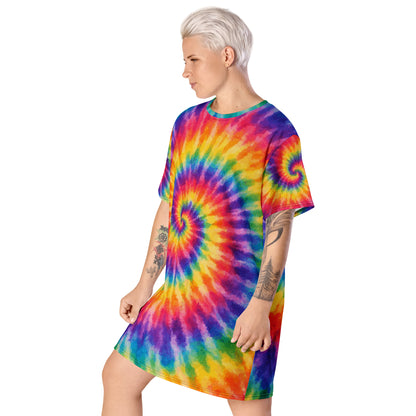 Vibrant retro rainbow tie-dye spiral pattern printed on a comfortable casual t-shirt dress.