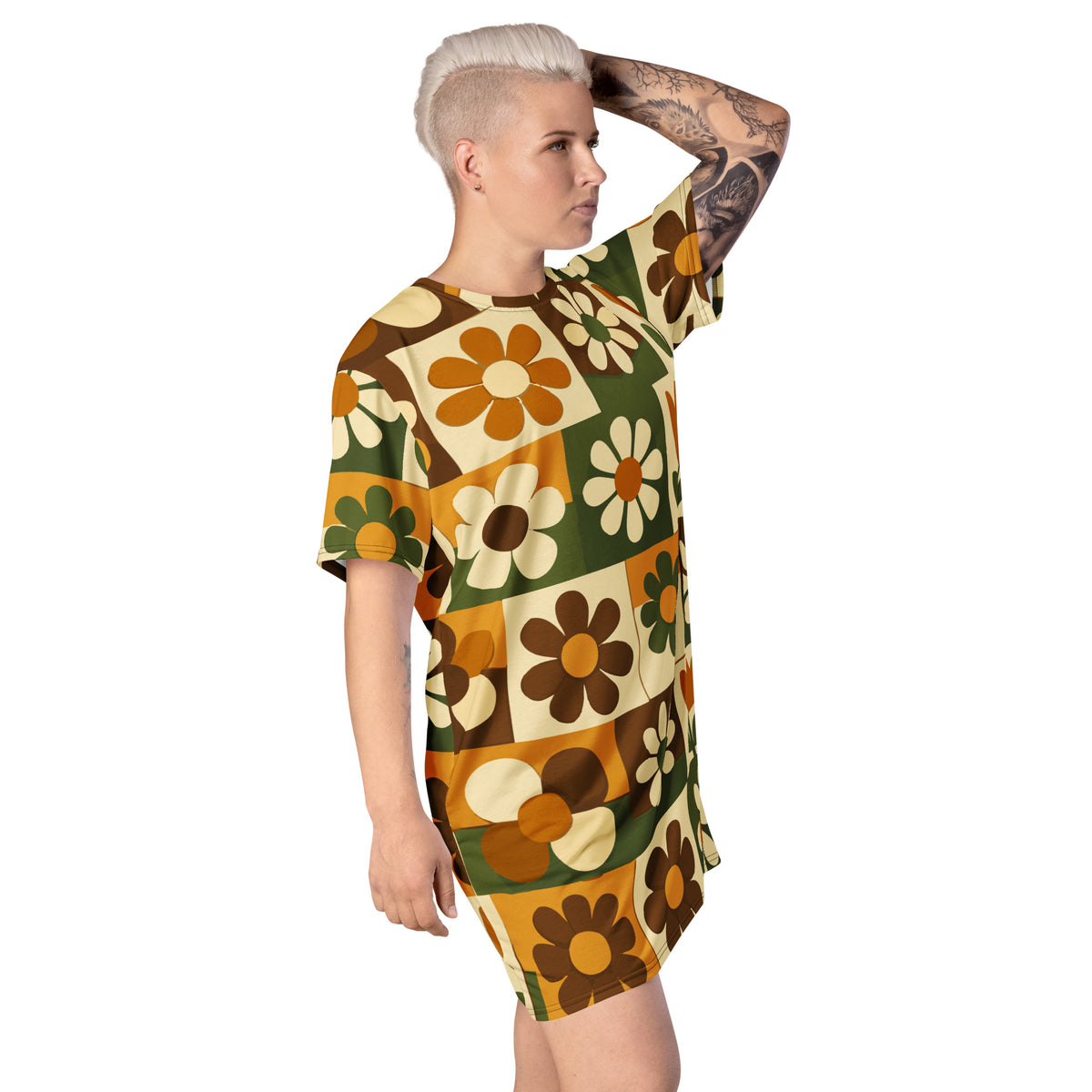 Retro 1970s mod floral tile pattern in orange, green, and brown on a casual t-shirt dress.