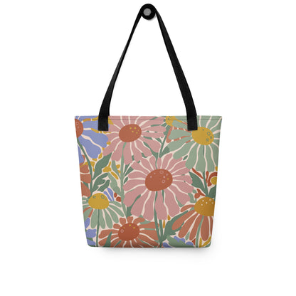 tote bag featuring a retro 70s floral pattern in pink, green, and blue by Far Out Goods