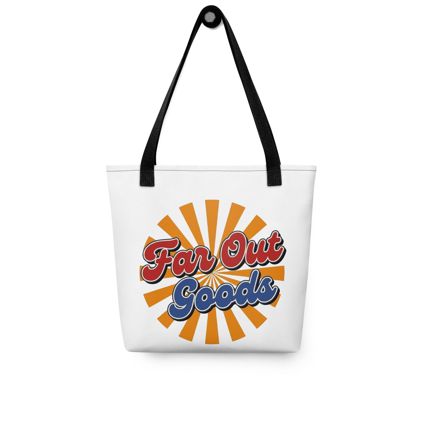 Retro orange sunburst design with Far Out Goods text in red and blue script on a black cotton tote bag.