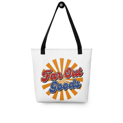 Retro orange sunburst design with Far Out Goods text in red and blue script on a black cotton tote bag.