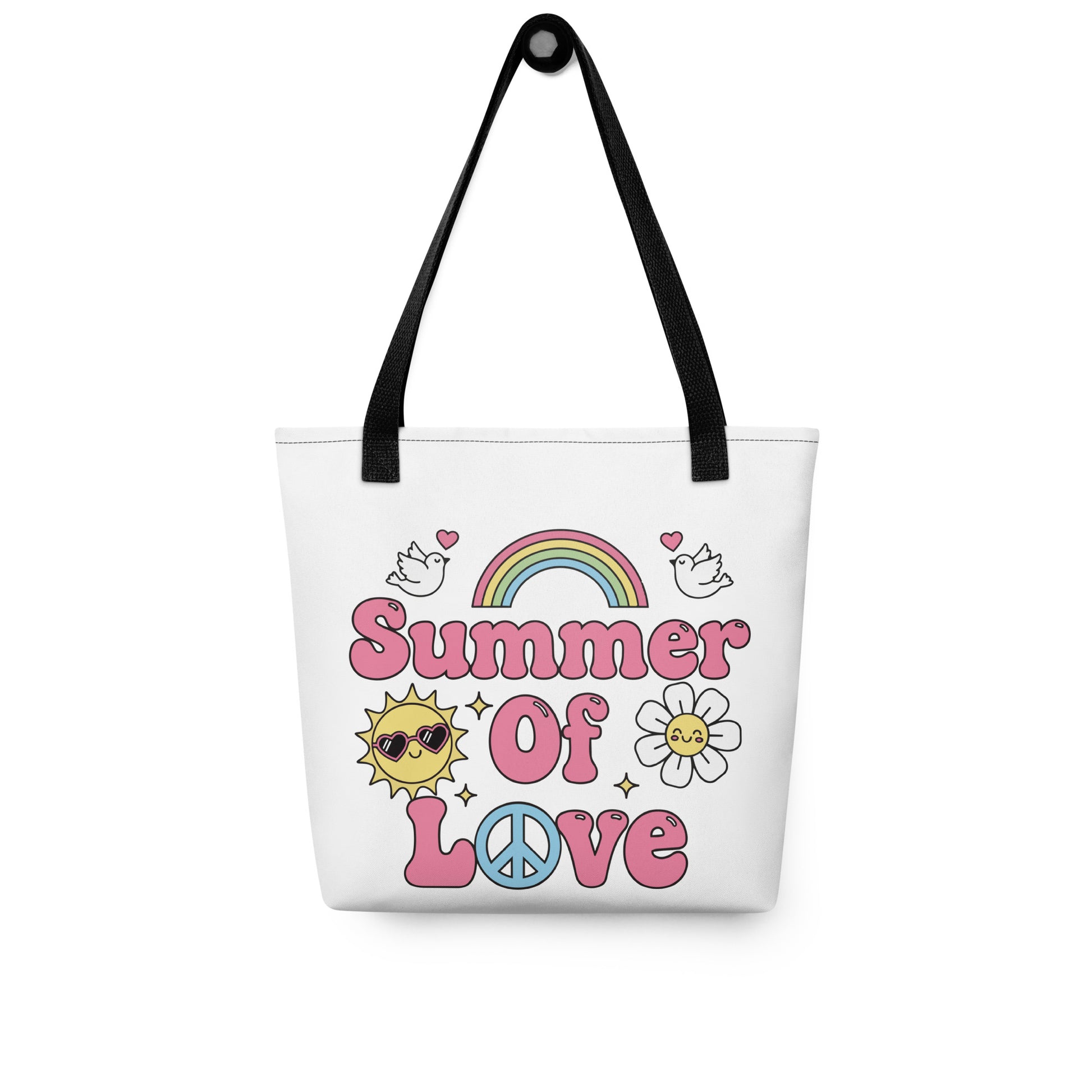 Retro Summer of Love sticker design with pink bubble letters, rainbow, sun, and daisy on a black background.