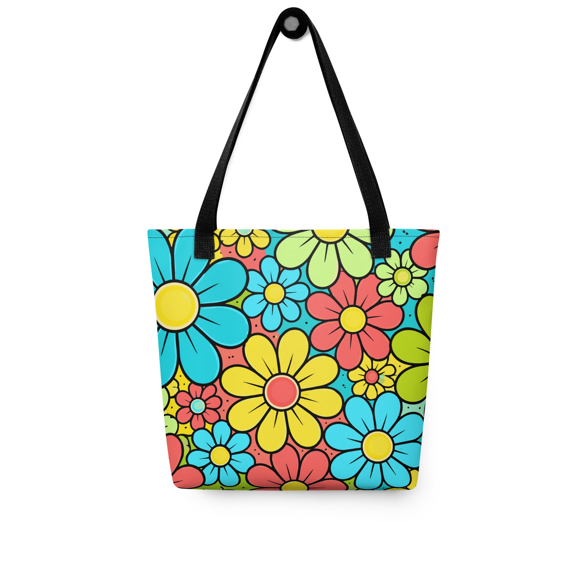 Vibrant 1960s style flower power pattern on a tote bag with blue, yellow, and green retro floral illustrations.