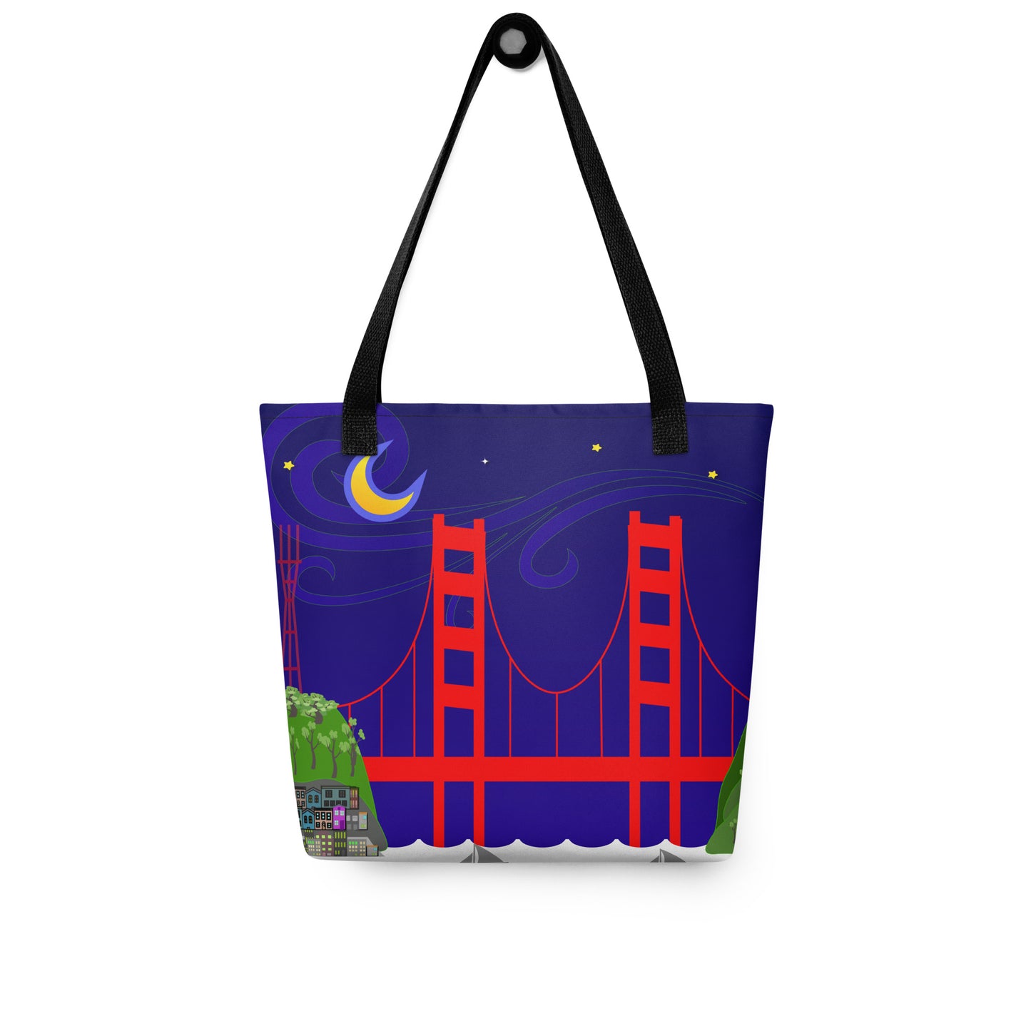 Illustration of Golden Gate Bridge and Sutro Tower under a starry night sky with a crescent moon on a tote bag.