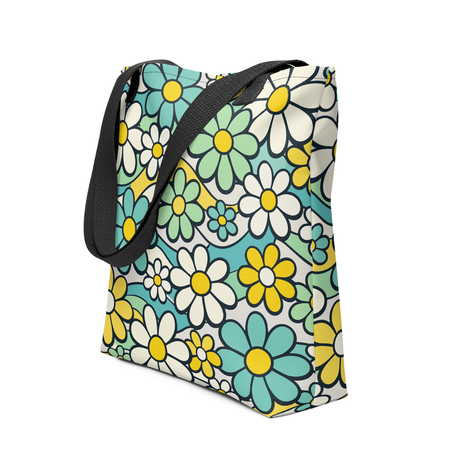Reusable tote bag featuring a seamless 70s retro floral pattern with teal and yellow daisies and wavy lines.