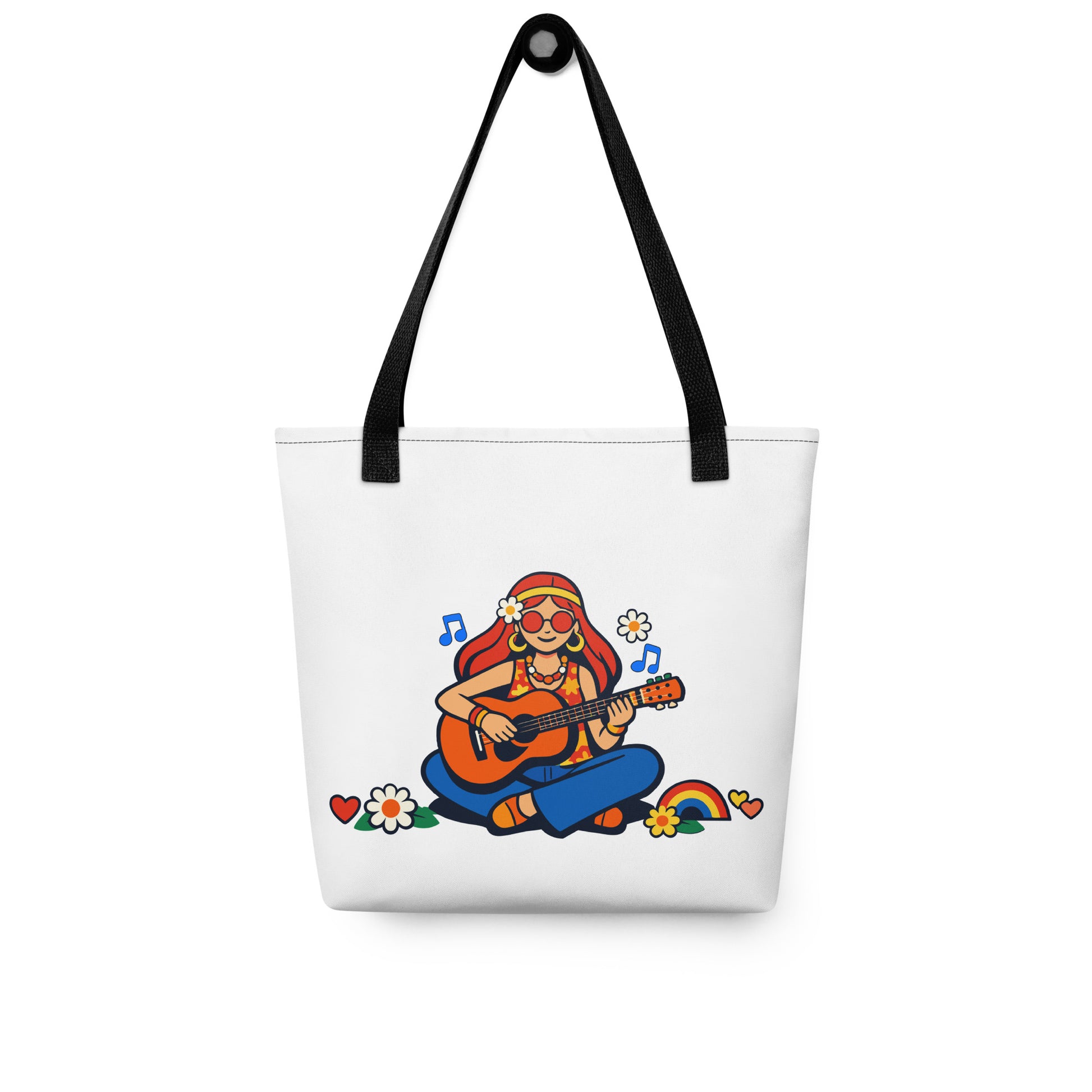Retro illustration of a hippie girl with round sunglasses playing guitar, surrounded by flowers, on a canvas tote bag.