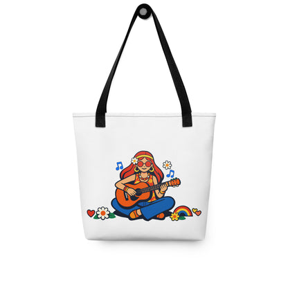 Retro illustration of a hippie girl with round sunglasses playing guitar, surrounded by flowers, on a canvas tote bag.