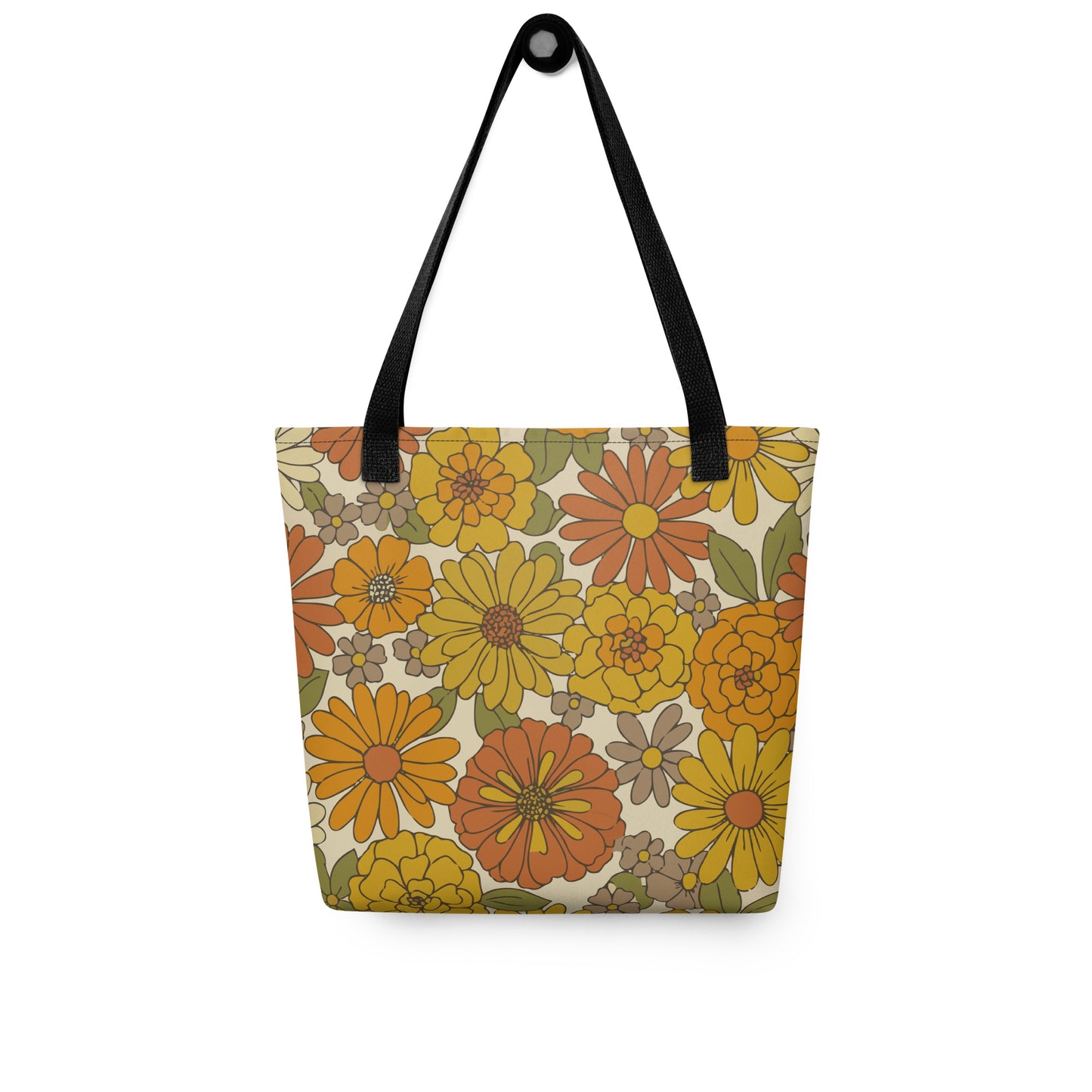 All-over retro floral pattern tote bag in warm mustard yellow, burnt orange, and green flower power design.