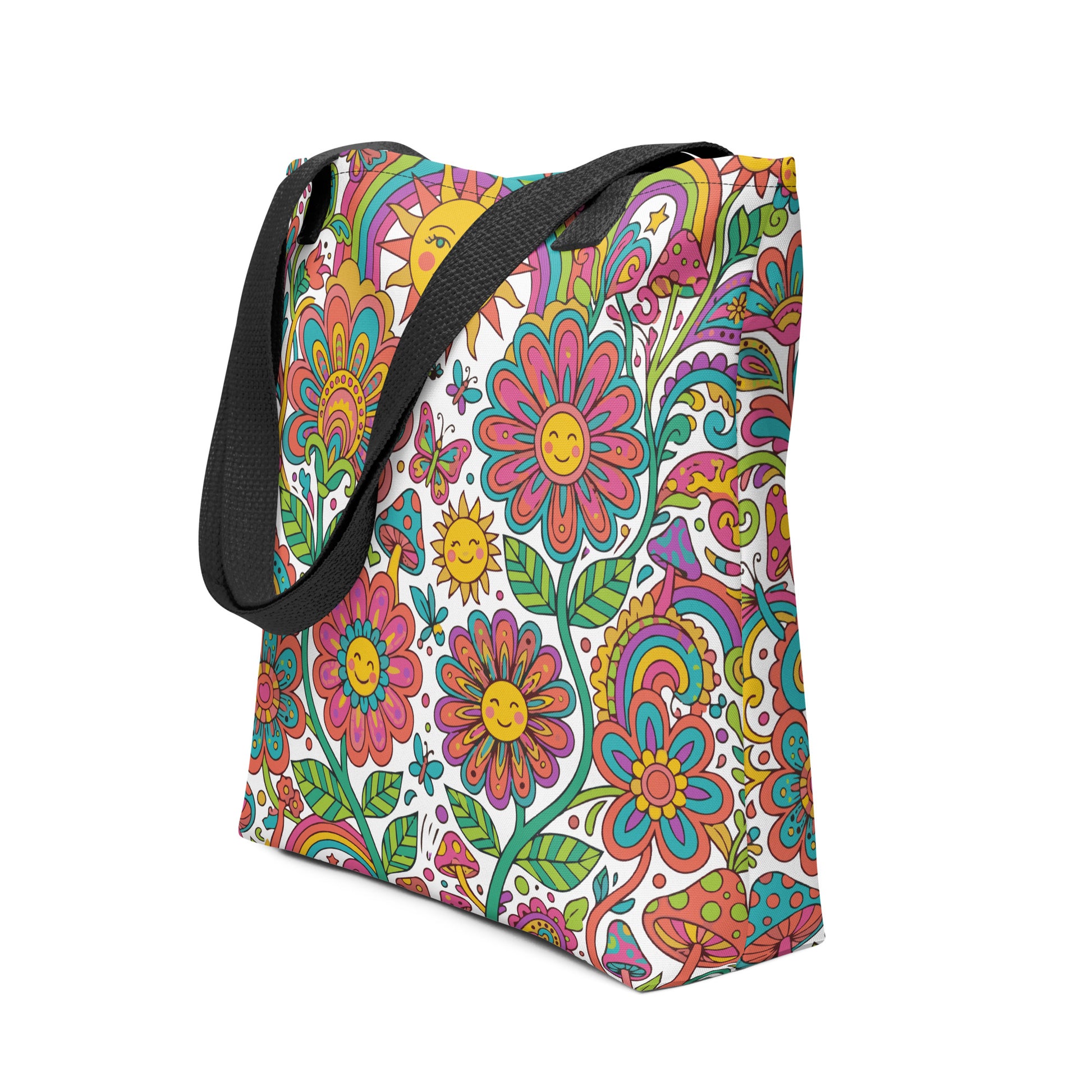 Retro 70s psychedelic style illustration with colorful smiling flowers, a happy sun, vibrant rainbows, and mushrooms.