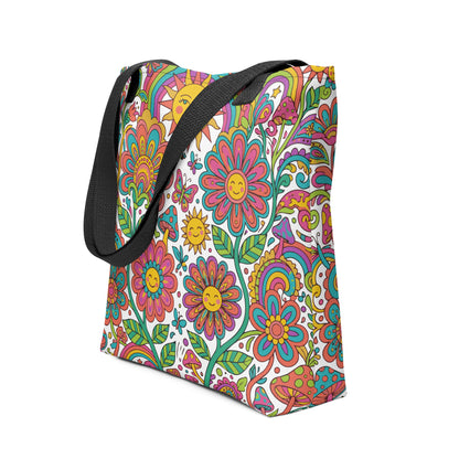 Retro 70s psychedelic style illustration with colorful smiling flowers, a happy sun, vibrant rainbows, and mushrooms.