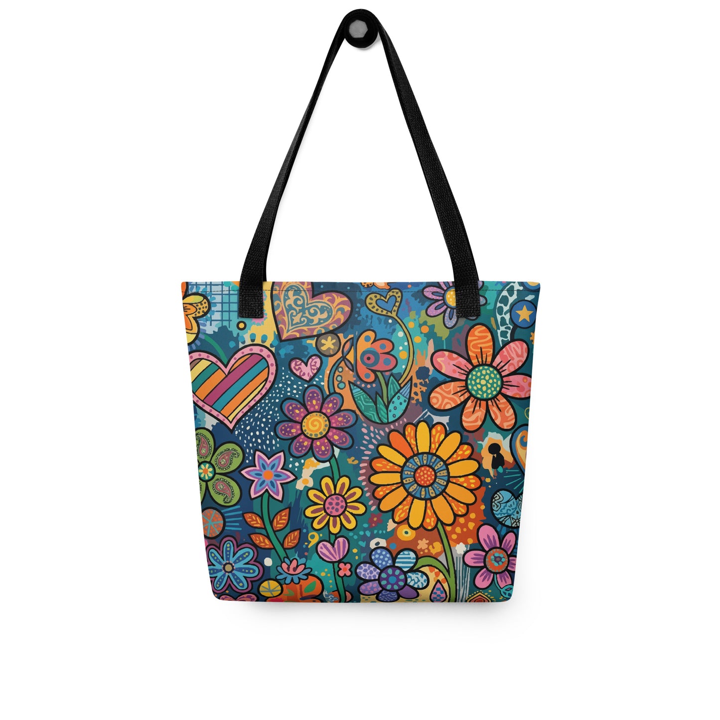 Retro psychedelic polyester tote bag featuring vibrant 60s flower power graphics, colorful hearts, and boho doodle art.