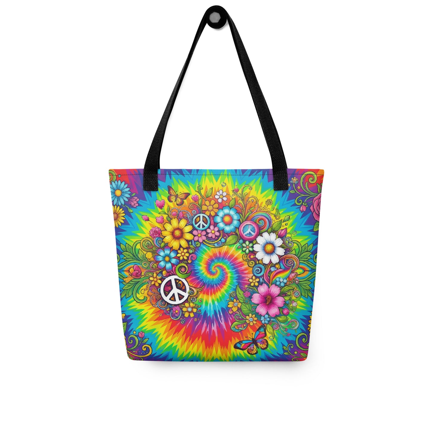 Vibrant psychedelic tie dye polyester tote bag featuring retro floral designs, butterflies, and white peace signs.