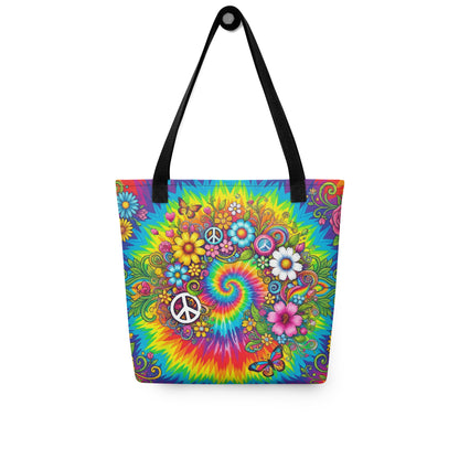 Vibrant psychedelic tie dye polyester tote bag featuring retro floral designs, butterflies, and white peace signs.