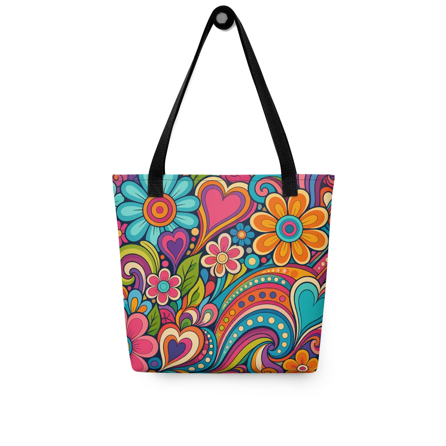 Polyester tote bag featuring a colorful 70s psychedelic doodle pattern of groovy flowers, retro swirls, and hearts.