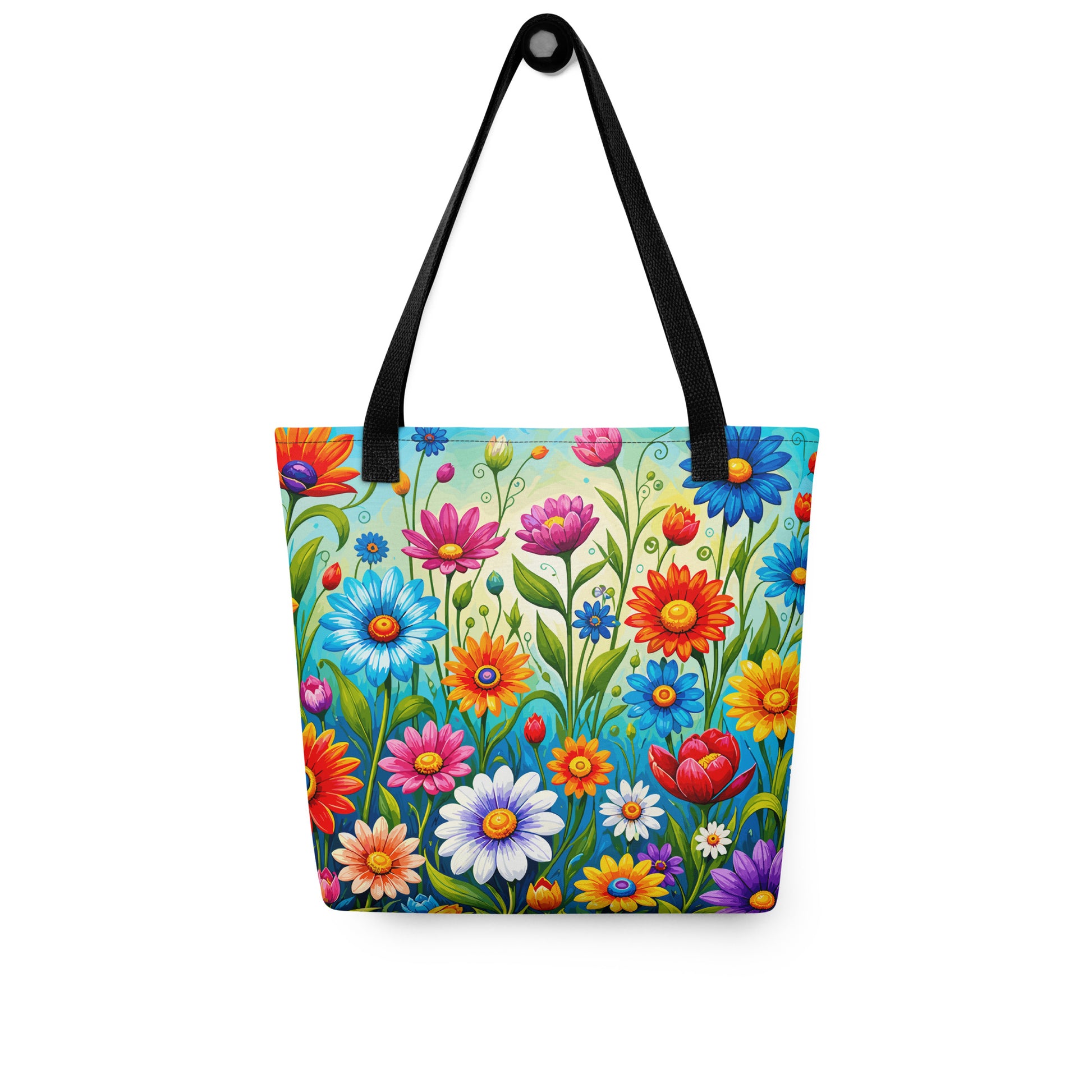 Vibrant retro flower power design featuring colorful daisies, blue, orange, and purple psychedelic boho garden artwork.