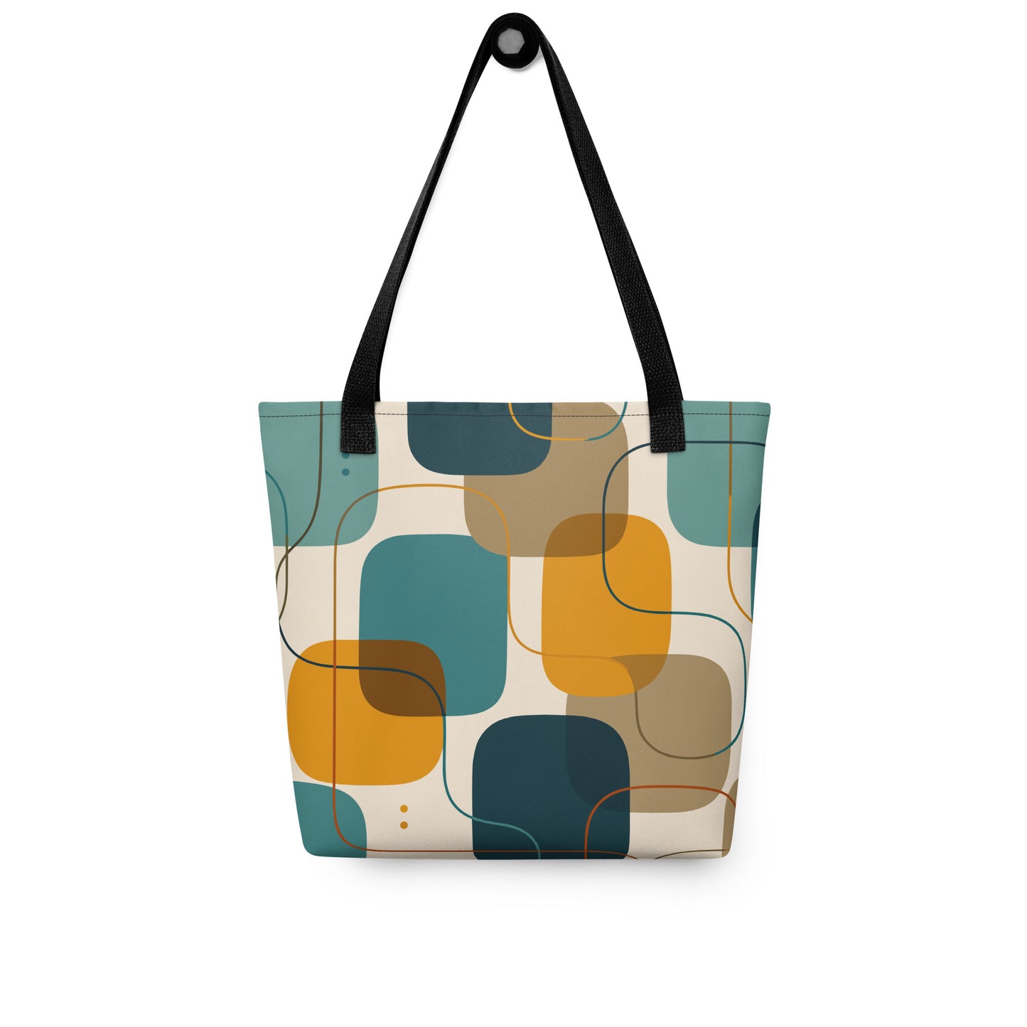 Retro geometric polyester tote bag featuring mid-century rounded squares and lines in teal, mustard yellow, and orange.