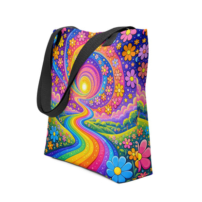 Psychedelic tote bag featuring a vibrant rainbow road winding through green hills with colorful daisy flowers