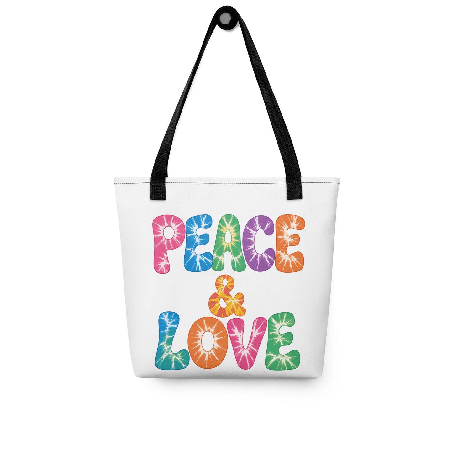 Retro tie-dye Peace and Love lettering printed on a reusable black polyester tote bag with vibrant 60s rainbow font.