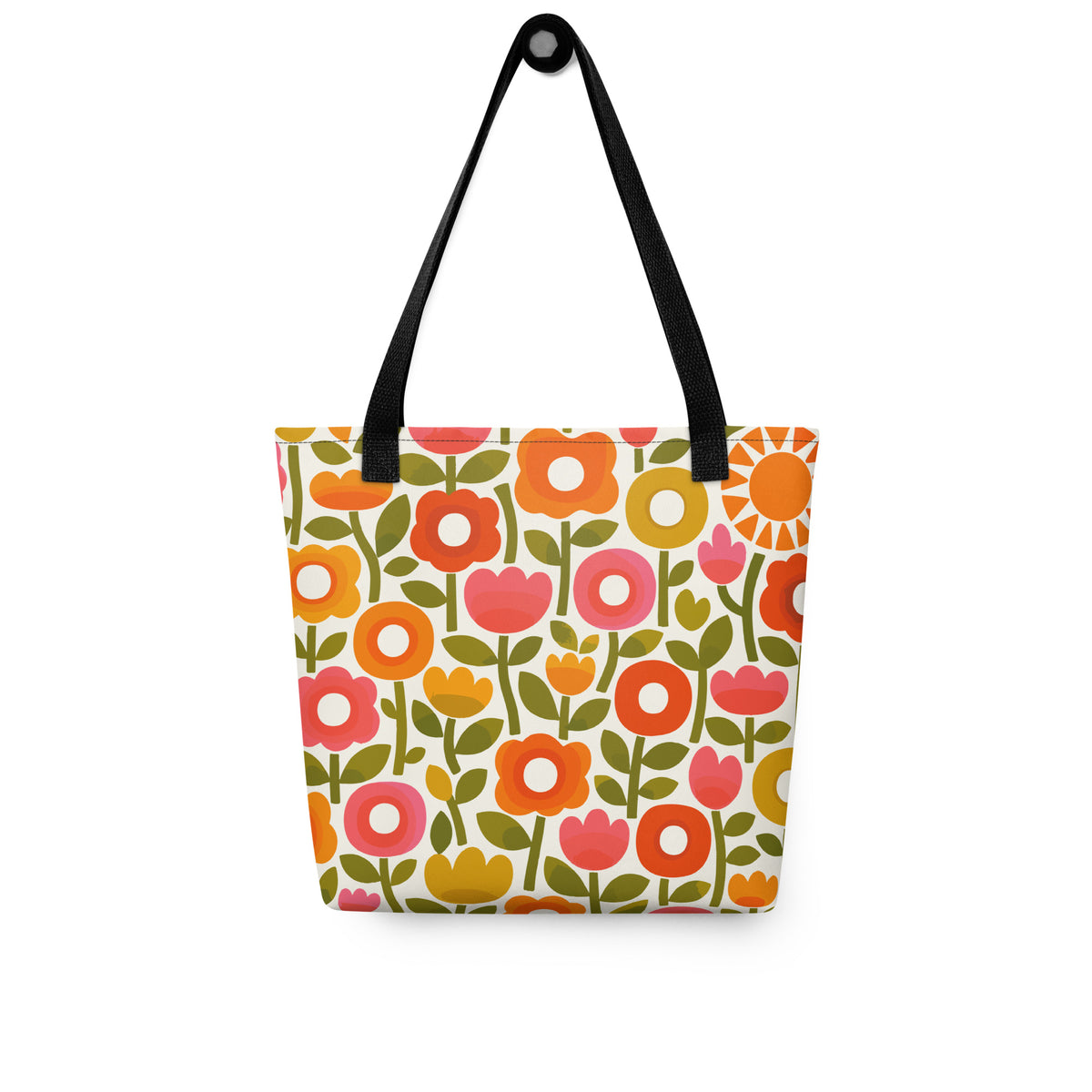 Retro 1970s flower power pattern tote bag featuring geometric orange, pink, and yellow flowers with green leaves