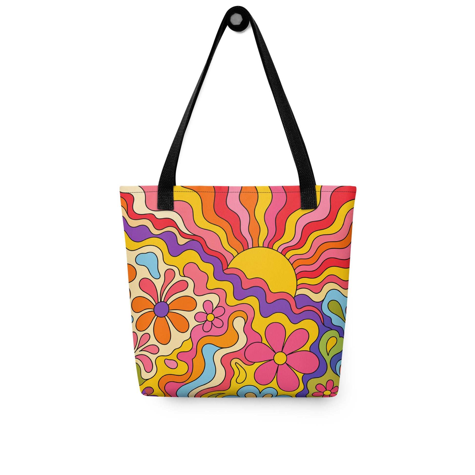 Vibrant 1970s psychedelic tote bag featuring a wavy retro sunburst sunset surrounded by colorful groovy flowers.