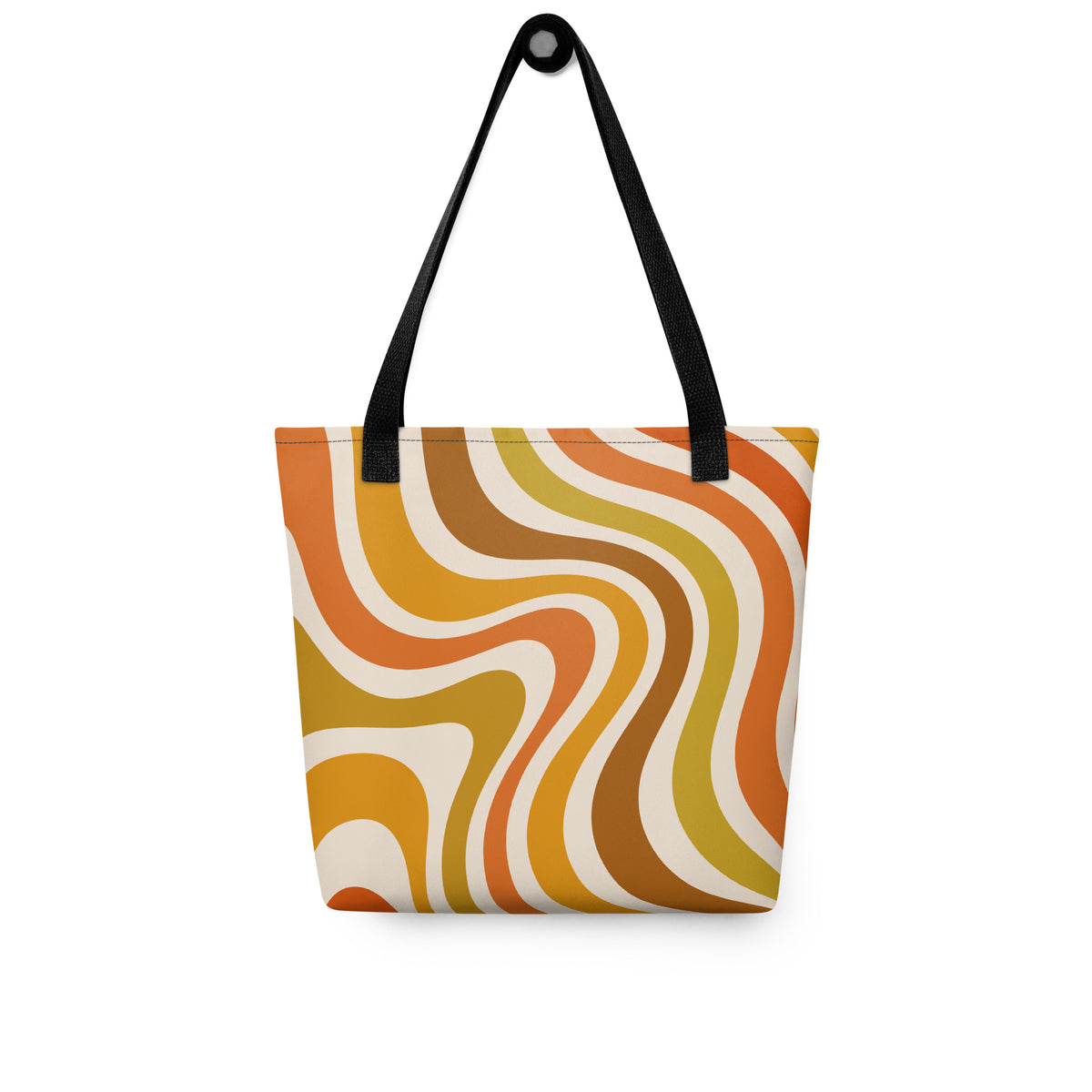 Retro 70s groovy wavy pattern in orange, mustard, brown, and cream printed on a durable polyester shoulder tote bag.