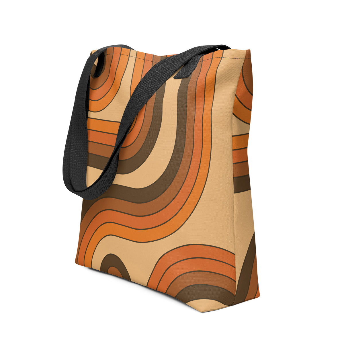 Retro 70s curved stripe pattern in earth tones, brown, and orange printed on a durable polyester everyday tote bag.