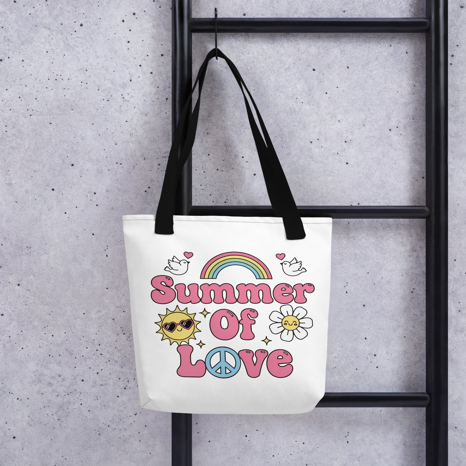 Retro Summer of Love sticker design with pink bubble letters, rainbow, sun, and daisy on a black background.