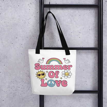 Retro Summer of Love sticker design with pink bubble letters, rainbow, sun, and daisy on a black background.
