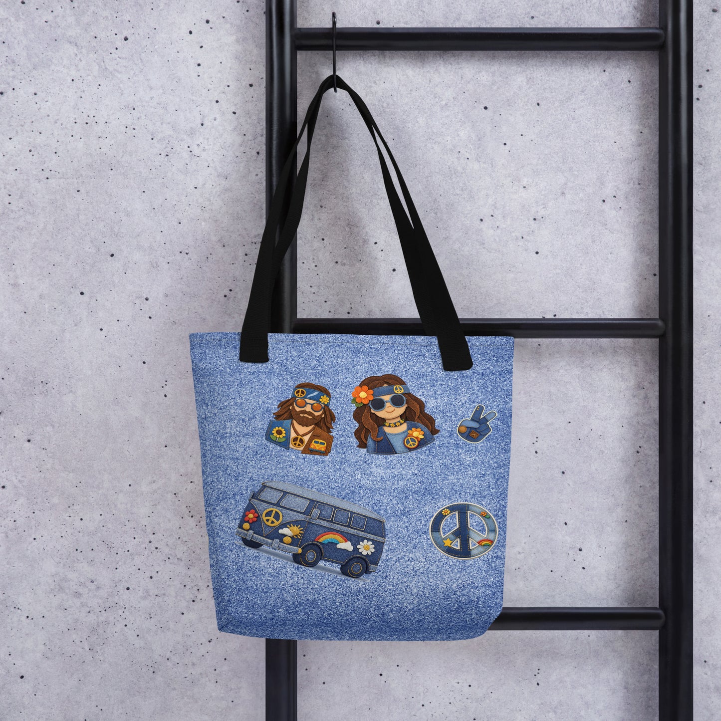 Digital art of a tote bag design featuring denim-textured patches of a hippie couple, a blue bus, and peace symbols.