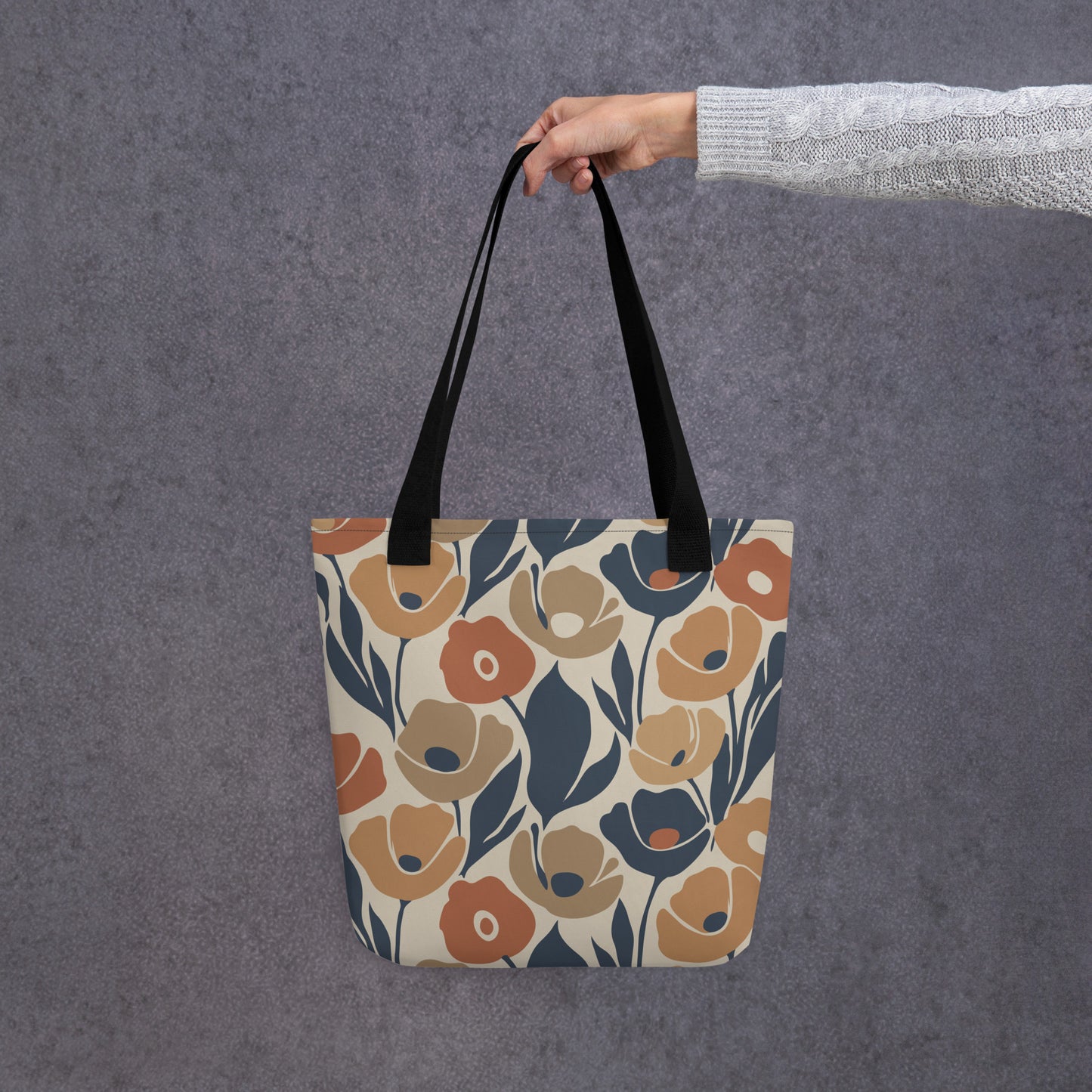 Seamless retro floral pattern tote bag with organic flower shapes in terracotta, ochre, and deep navy blue.