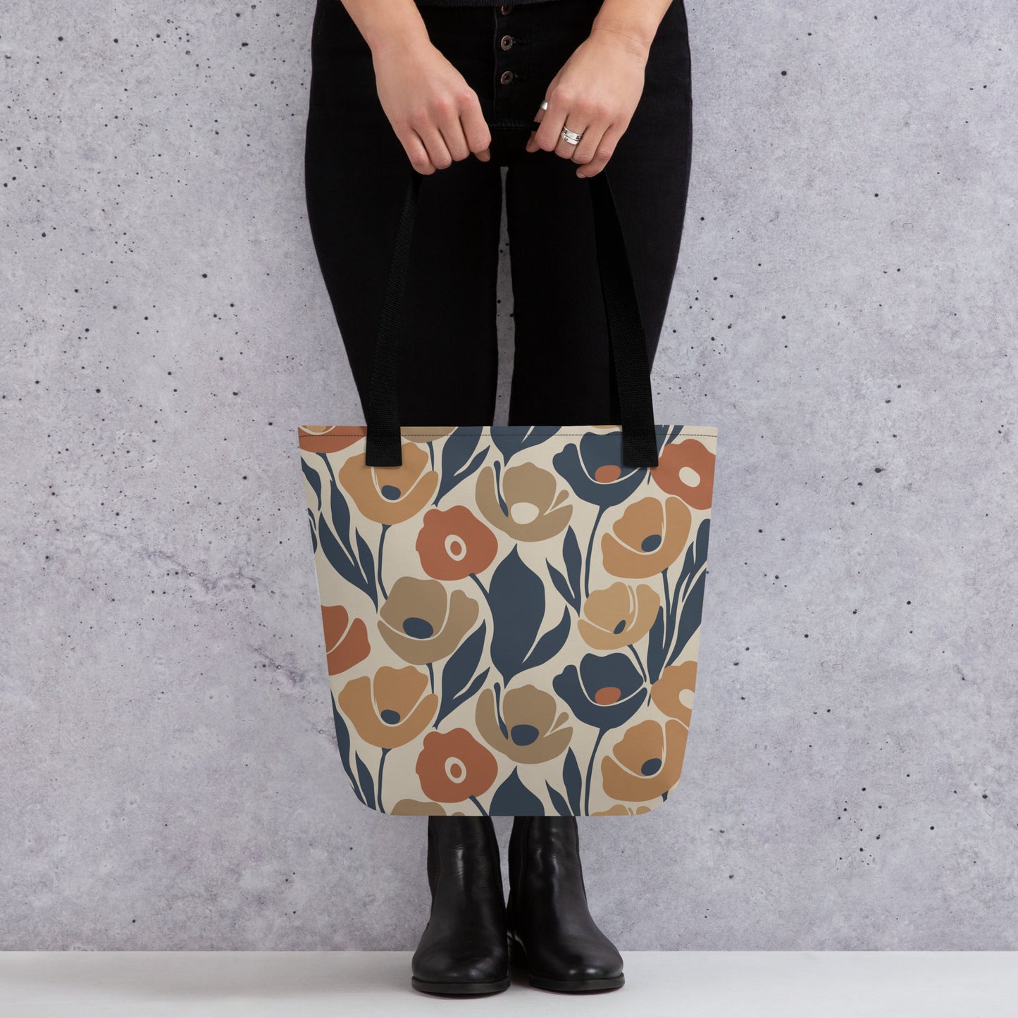 Seamless retro floral pattern tote bag with organic flower shapes in terracotta, ochre, and deep navy blue.