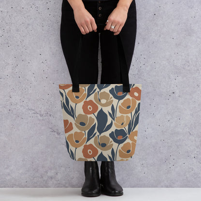 Seamless retro floral pattern tote bag with organic flower shapes in terracotta, ochre, and deep navy blue.