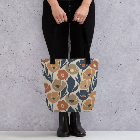 Seamless retro floral pattern tote bag with organic flower shapes in terracotta, ochre, and deep navy blue.