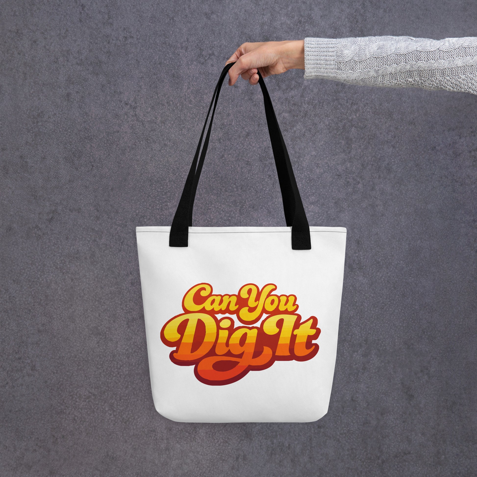 70s retro can you dig it typography in yellow orange gradient on a polyester tote bag