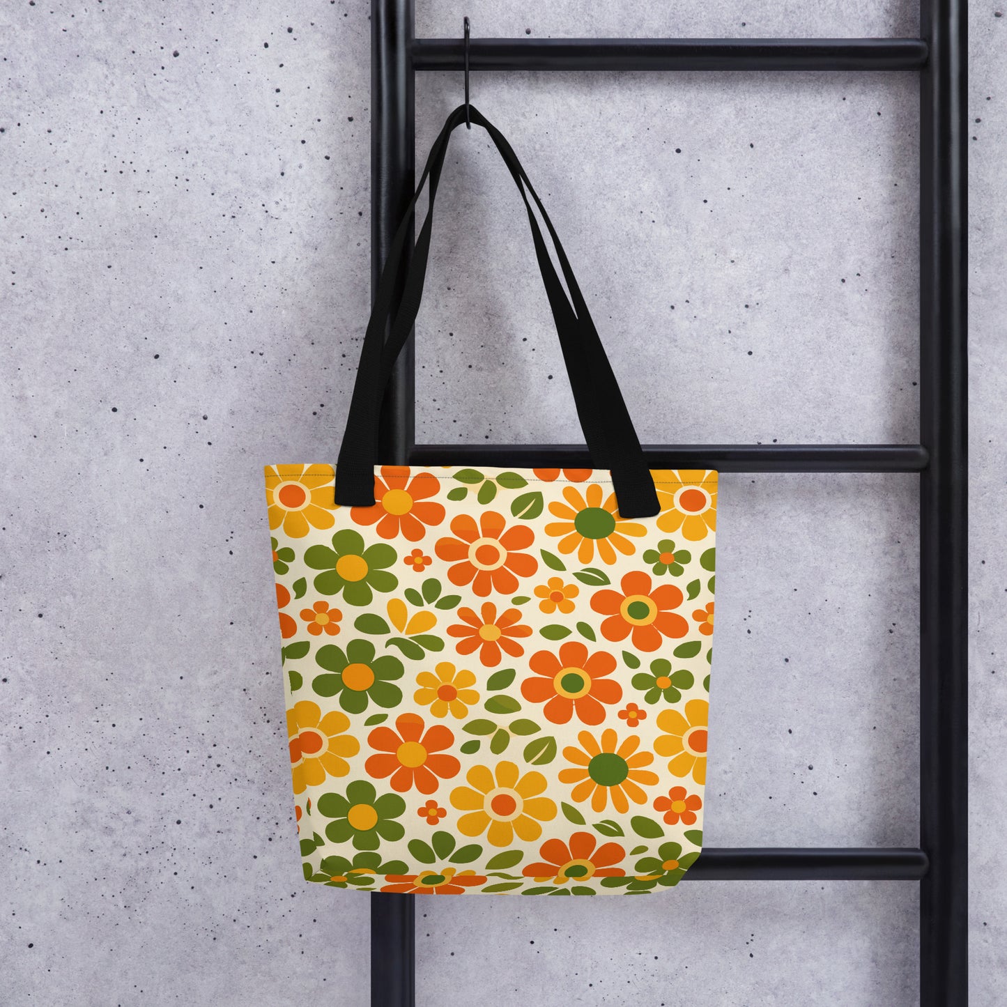Vibrant 1970s retro flower power pattern printed on a polyester tote bag with groovy orange and yellow daisy graphics.
